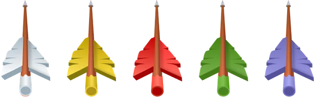 Five Forest Arrow arrows in white, yellow, red, green and purple