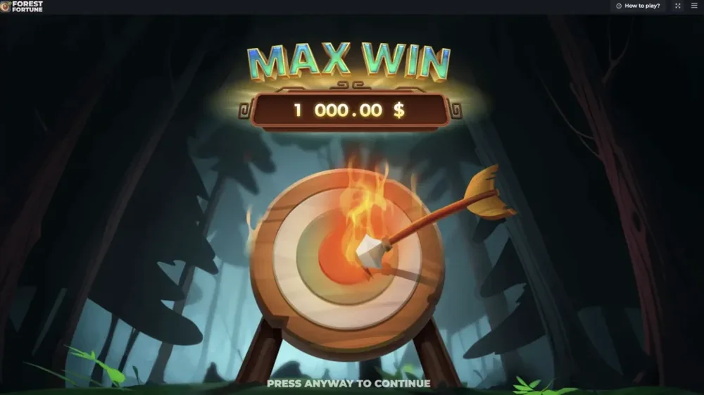 Forest Arrow max win screen showing a flaming arrow in the bullseye and a 1000 dollar prize